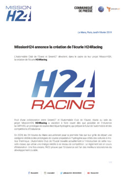 MissionH24 annonce la création de l'écurie H24Racing. Dossier de Presse VF.